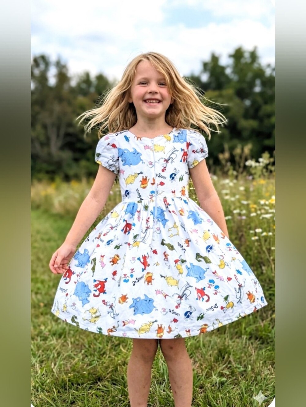 Handmade Dr Seuss Character Print Pleated Child's Dress, 6/6X